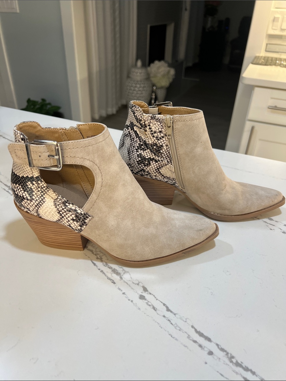 Seven Dials Beige Suede Booties with Snake-Print Accent
